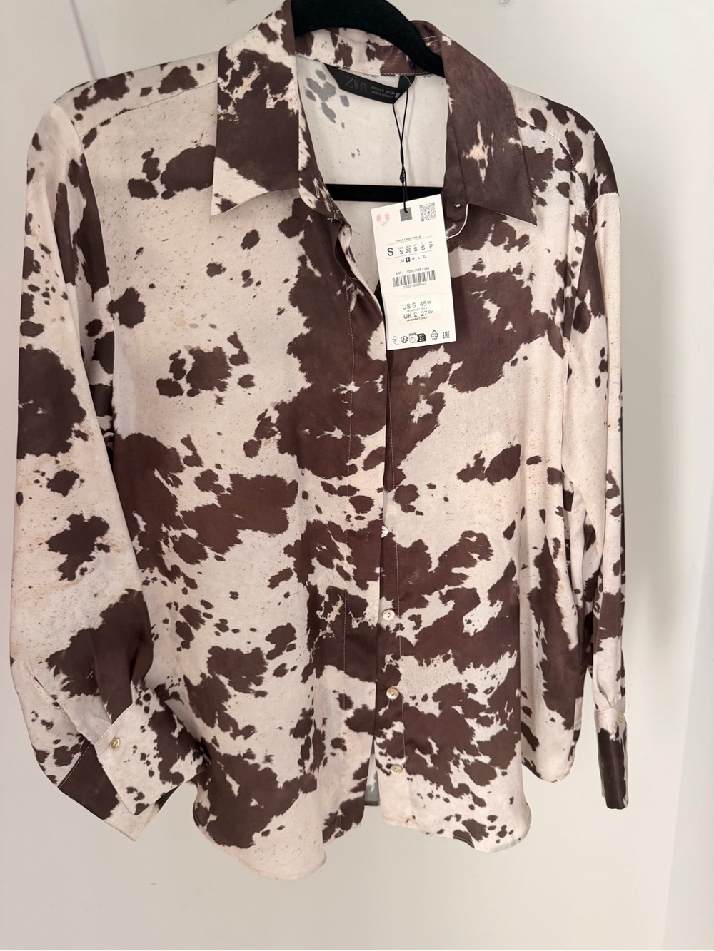 Zara Cow Print Button-Up Shirt in Brown and Cream